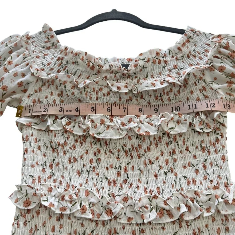 SABO SKIRT Shirred Lule Ruched Dress Sz S Floral Tiered Off The Shoulder Ruffle - Picture 5 of 14